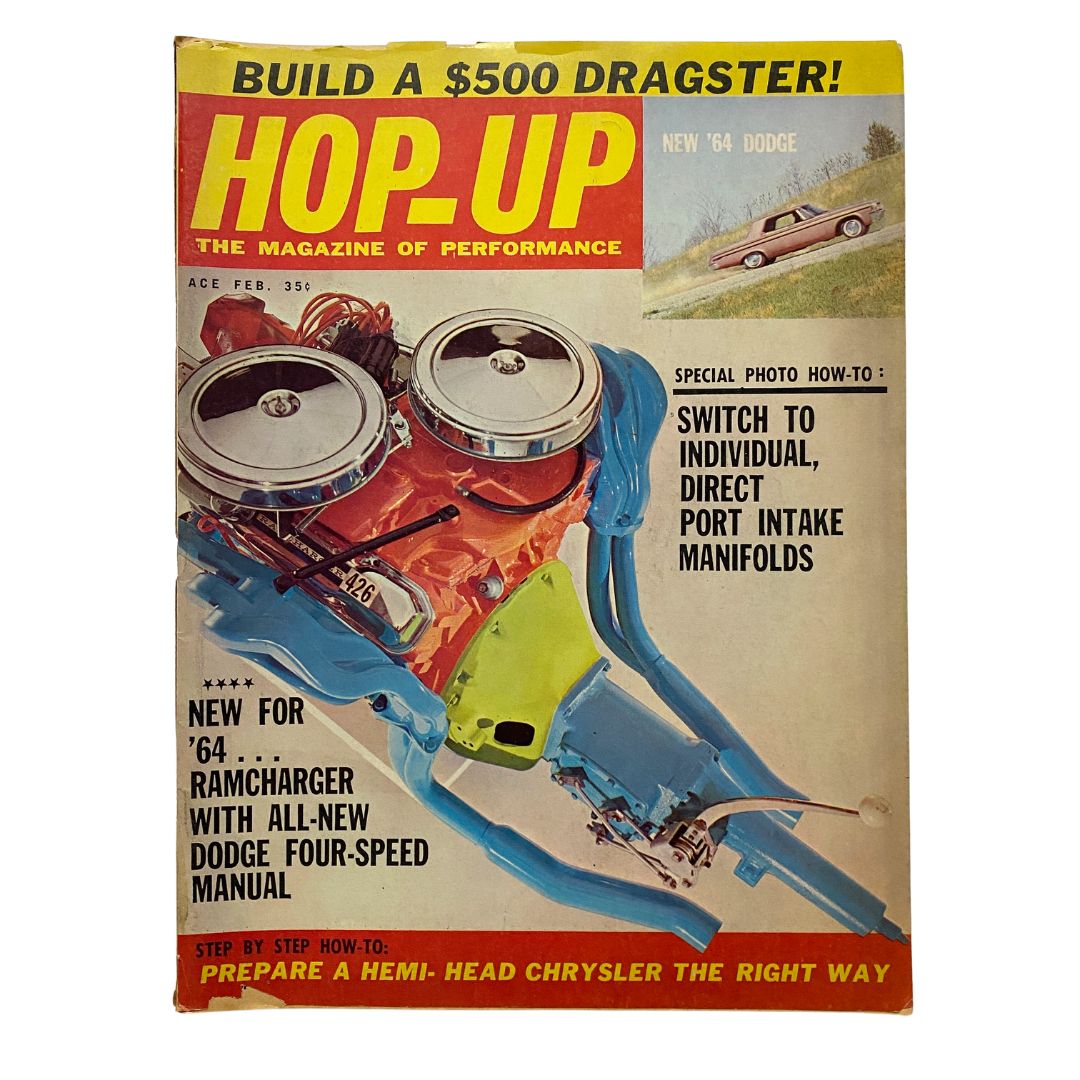 VTG Hop Up Magazine February 1964 featuring the Big-Milled Battle Wagon, showcasing a colorful automotive cover with detailed engine illustration and performance tips for car enthusiasts.