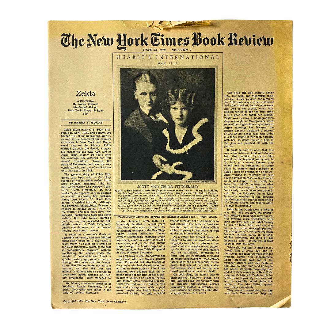 Cover of The New York Times Book Review from June 14, 1970, featuring an article on "Zelda, A Biography" and a photograph of Scott and Zelda Fitzgerald.