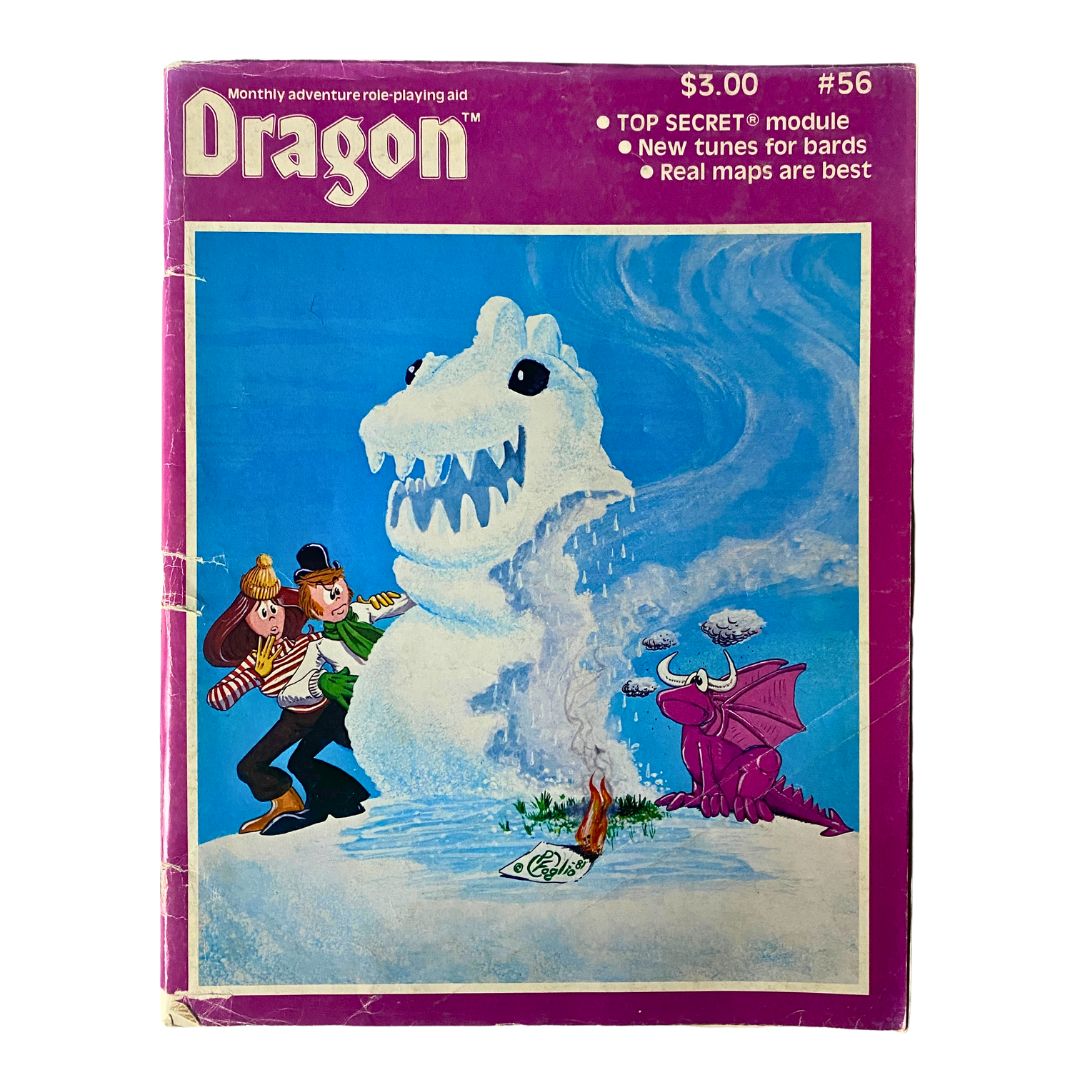 Cover of VTG Dragon Magazine December 1981 #56 featuring whimsical artwork with a dragon, snowman, and adventurers. The title reads 'Real Maps Are Best'.