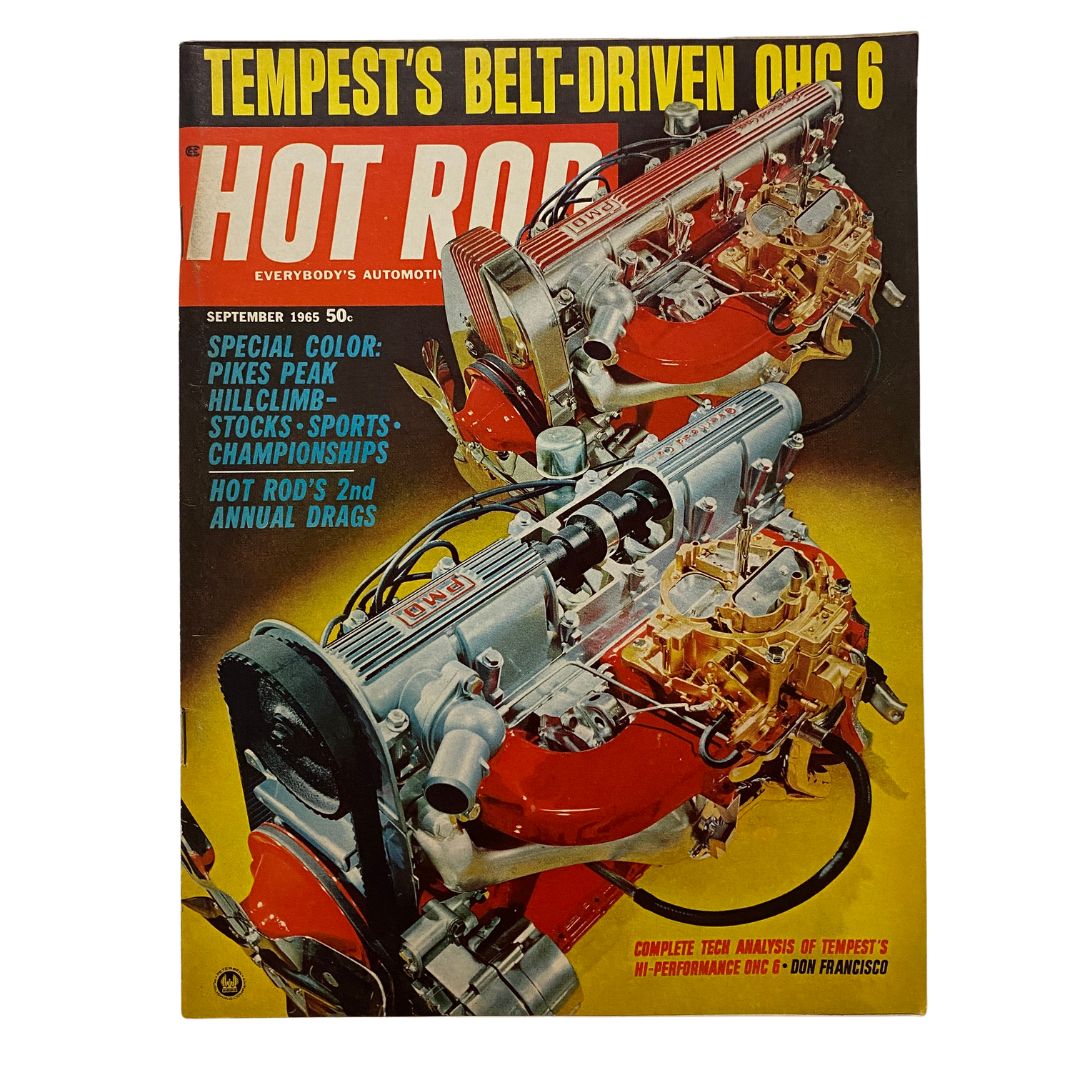 Cover of VTG Hot Rod Magazine September 1965 showcasing Tempest's Belt-Driven OHC 6 engine with vibrant graphics and headlines. Perfect for automotive history enthusiasts.