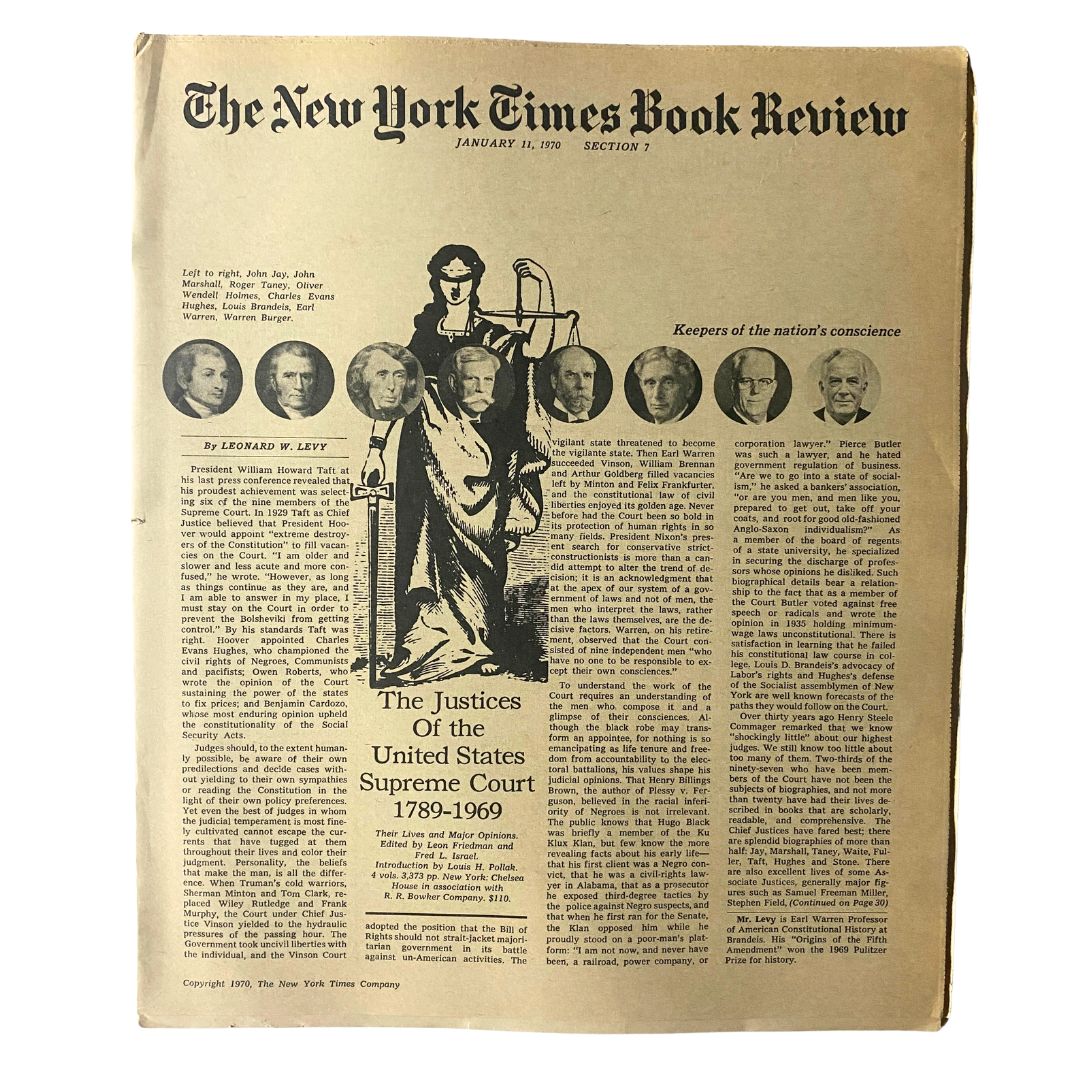 Cover of The New York Times Book Review dated January 11, 1970, featuring an article titled 'The Justices of the United States Supreme Court 1789-1969' with portraits of prominent justices and a graphic depiction of Lady Justice.