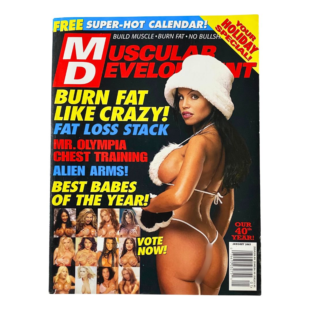 Cover of Muscular Development Magazine January 2003 featuring Erin Ellington, showcasing fitness culture and bodybuilding. Cover highlights include promotional content such as a super-hot calendar and fitness tips.