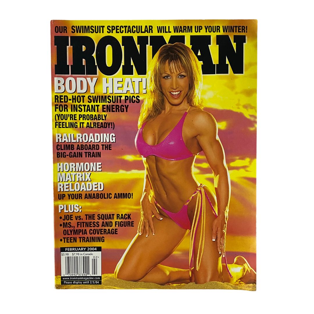 Cover of Iron Man Magazine, February 2004, featuring Kelly Ryan in a pink swimsuit, promoting fitness and bodybuilding. Volume 63, Number 2 issue highlighting various fitness articles and advice.