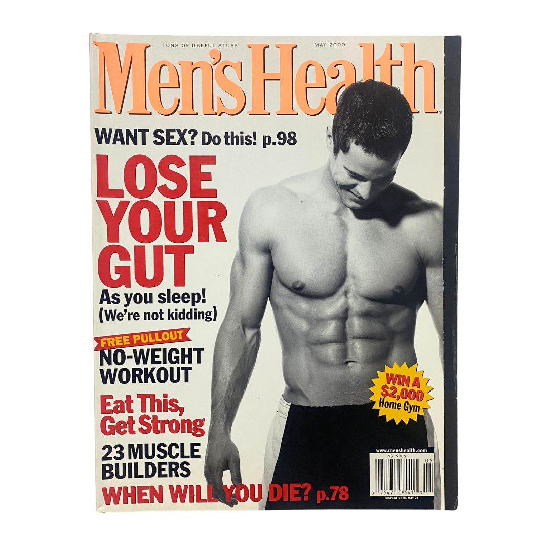 Men's Health Magazine May 2000 featuring the cover article 'Lose Your Gut As You Sleep.' The issue highlights fitness and health strategies with a focus on a toned male model presenting a muscular physique. Ideal for collectors and health enthusiasts.