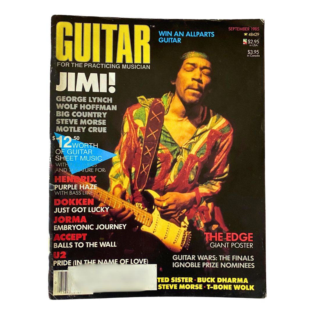 Guitar Magazine September 1985 cover featuring Jimi Hendrix and George Lynch, highlighting articles and techniques for guitar players.