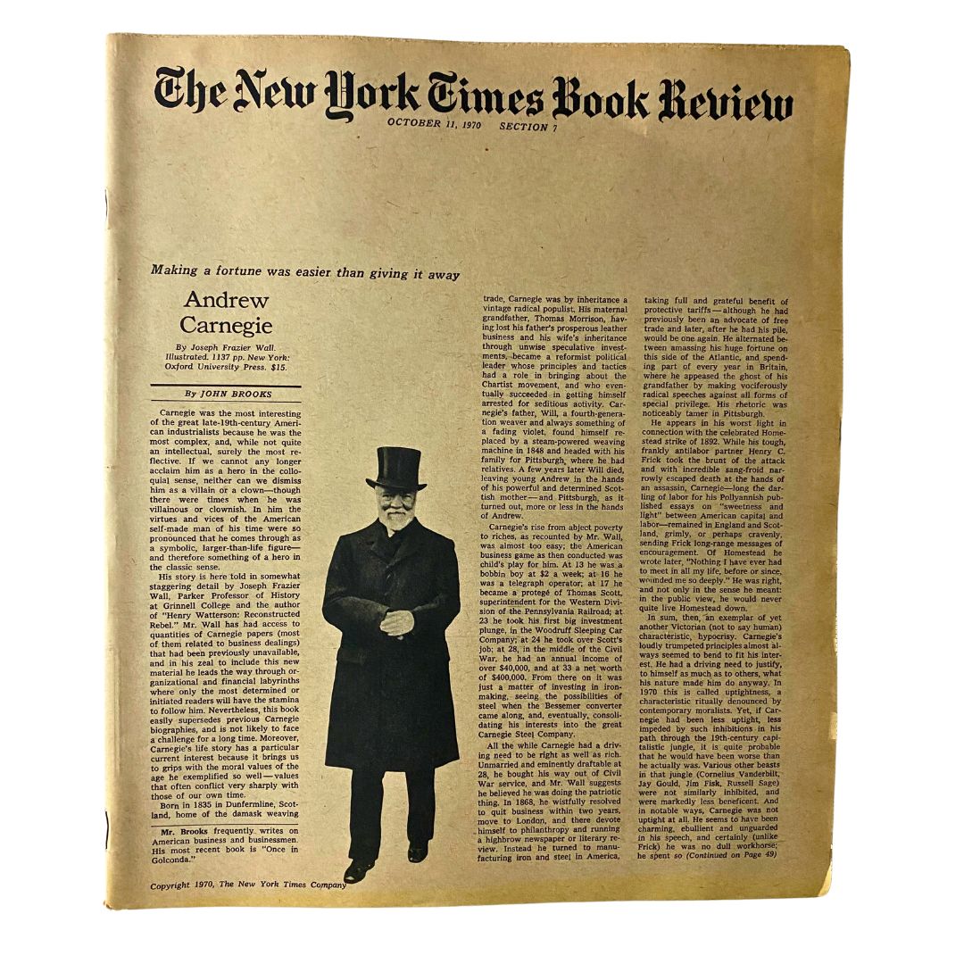 The New York Times Book Review from October 11, 1970, featuring a cover story on Andrew Carnegie with an image of Carnegie in a top hat, highlighting literary and historical significance.