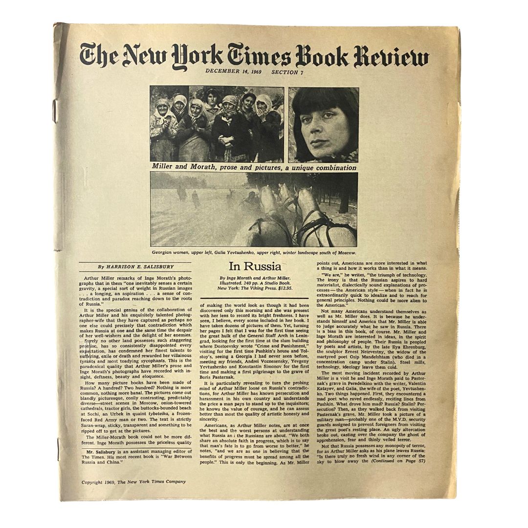 The New York Times Book Review December 14 1969 featuring an article titled 'In Russia' by Arthur Miller and Inge Morath, showcasing a blend of photography and prose with images of Georgian women and winter landscapes.