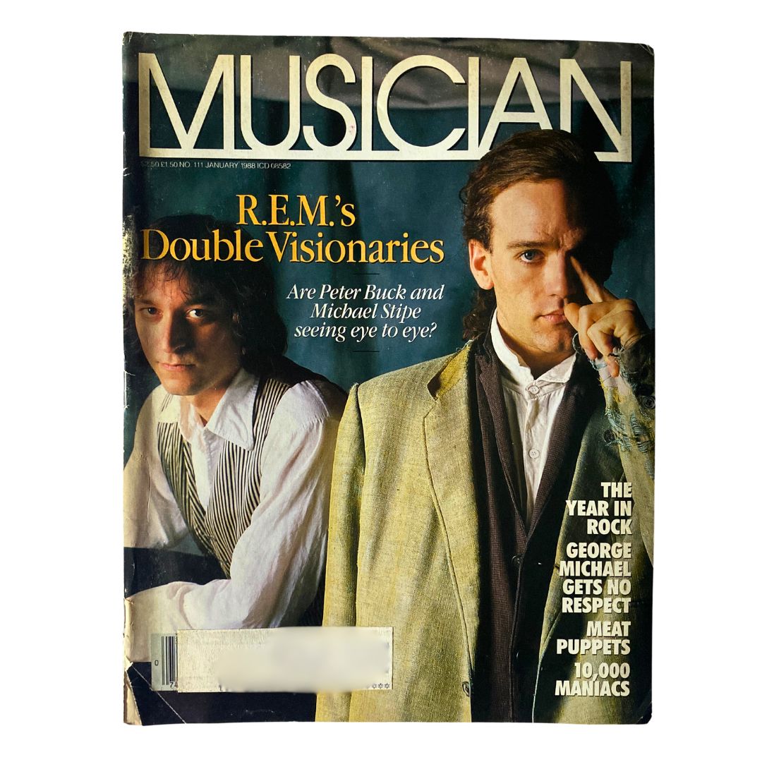 Cover of VTG Musician Magazine January 1988 No. 111 featuring R.E.M.'s Peter Buck and Michael Stipe. The magazine highlights their double visionaries theme and captures the essence of the late 1980s music scene.