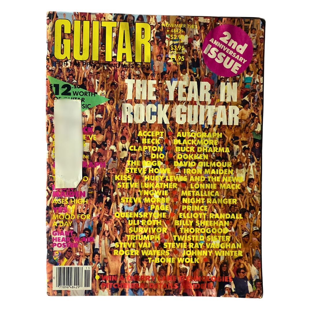 Cover of VTG Guitar Magazine November 1985, featuring 'The Year in Rock Guitar' theme with band names and a bright color scheme, ideal for collectors.