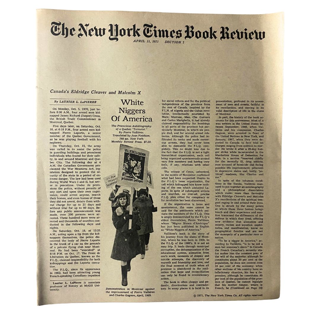 The New York Times Book Review April 11, 1971 features an article titled 'White Niggers Of America' showcasing historical cultural discussions.