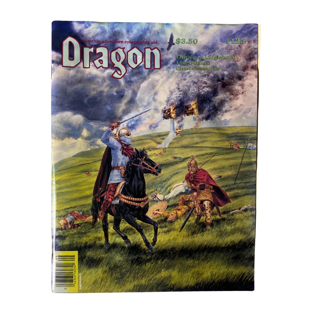 Cover of VTG Dragon Magazine September 1987 #125 featuring artwork by Roger Raupp, depicting a knight on horseback amidst a battle scene, highlighting the magazine's role in gaming history.