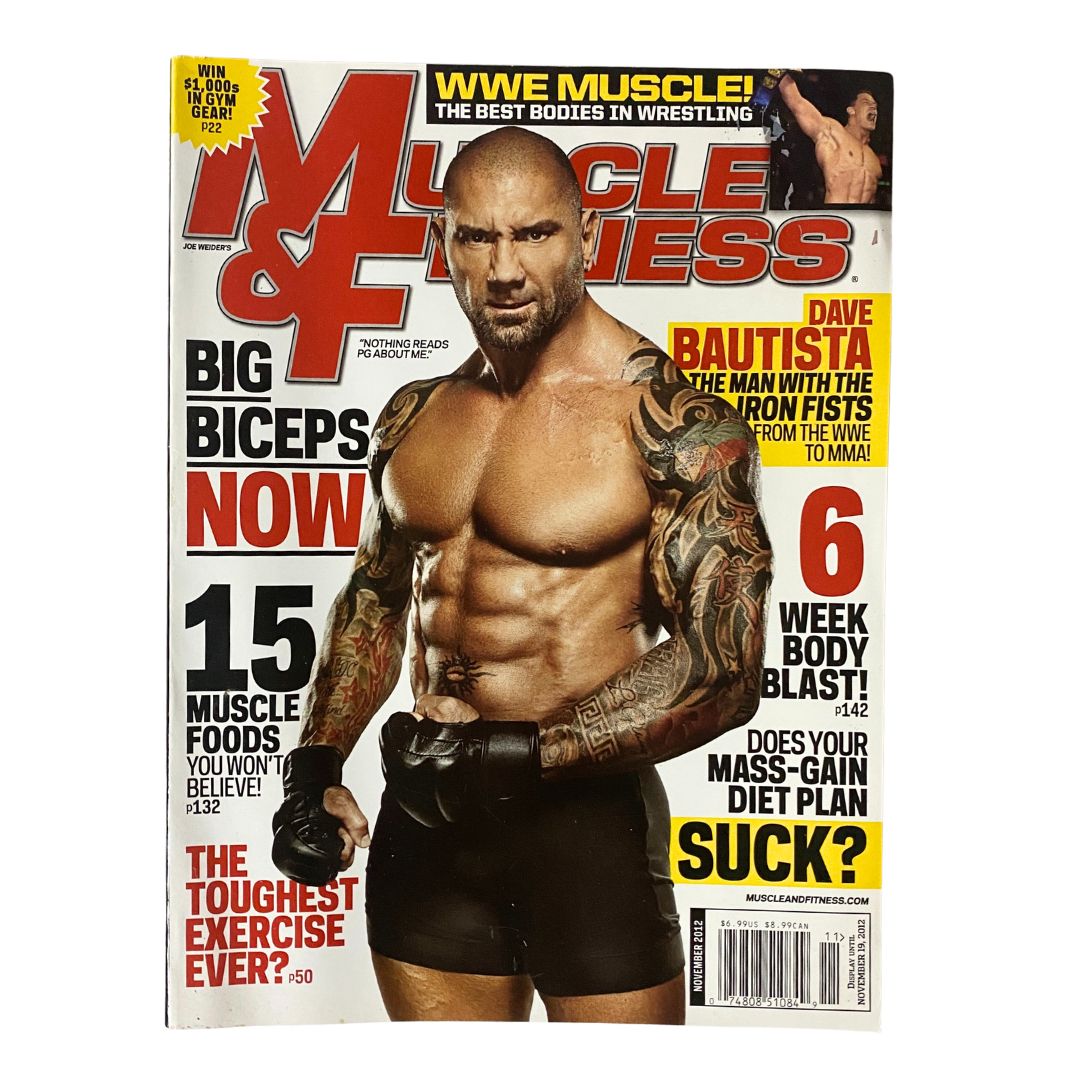Muscle & Fitness Magazine November 2012 featuring Dave Bautista on the cover, showcasing his impressive muscular physique, promoting fitness and health topics.