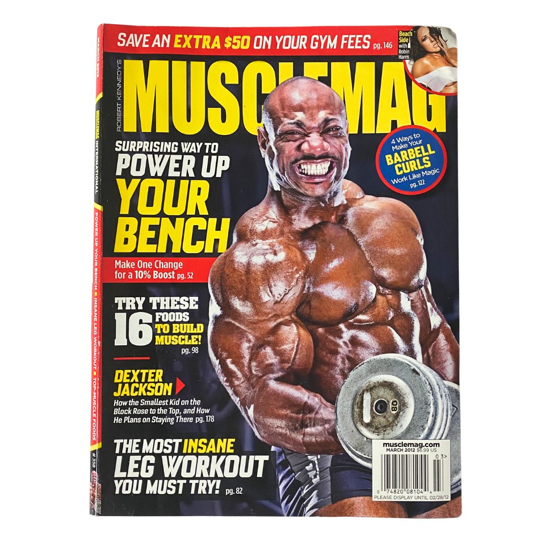 Cover of MuscleMag Magazine March 2012 No. 358 featuring Dexter Jackson, showcasing bodybuilding tips and exercise routines, ideal for fitness enthusiasts and collectors.
