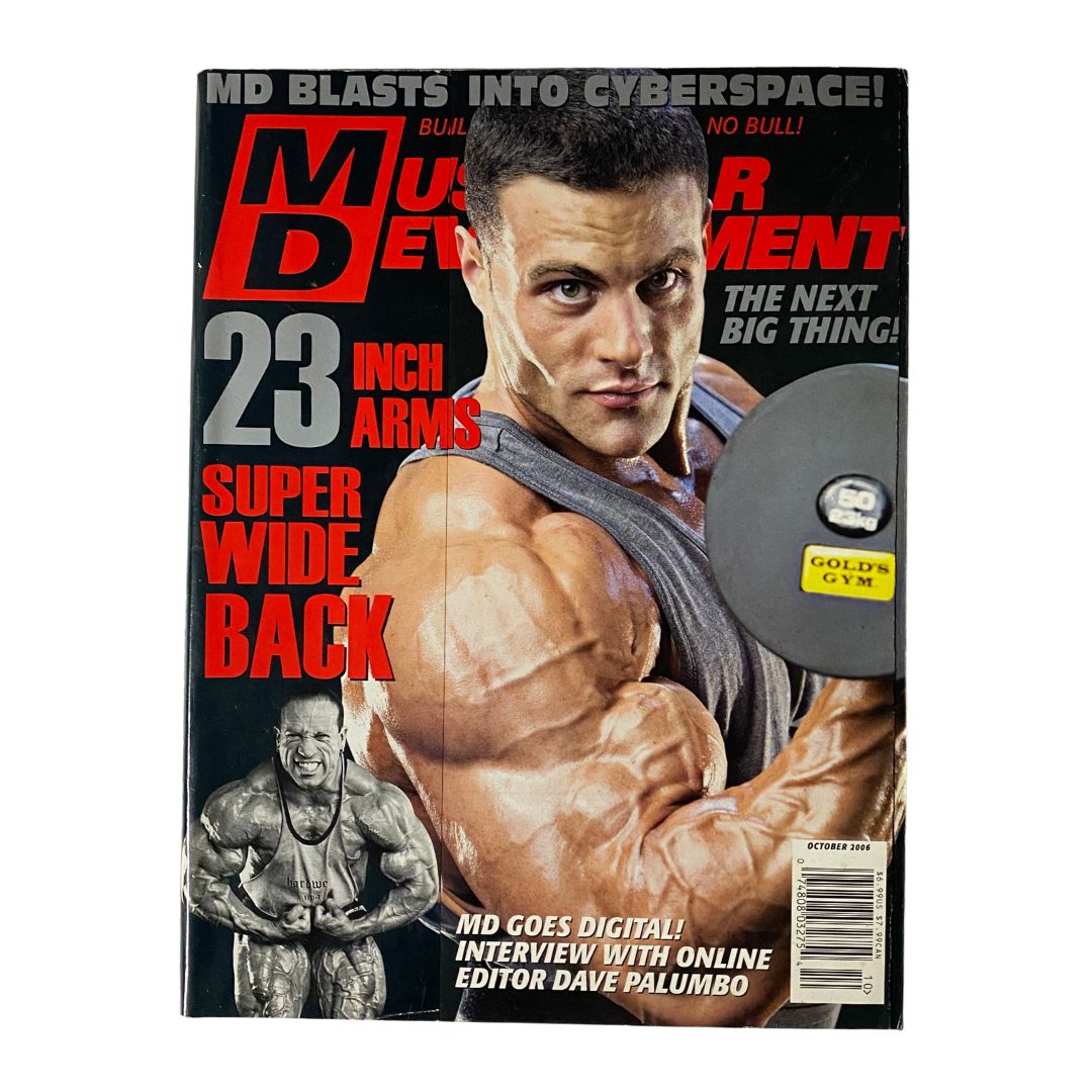 Muscular Development Magazine October 2006 featuring fitness models with impressive physiques, showcasing 23-inch arms and a super wide back, highlighting a feature on Dave Palumbo and the magazine's digital evolution.
