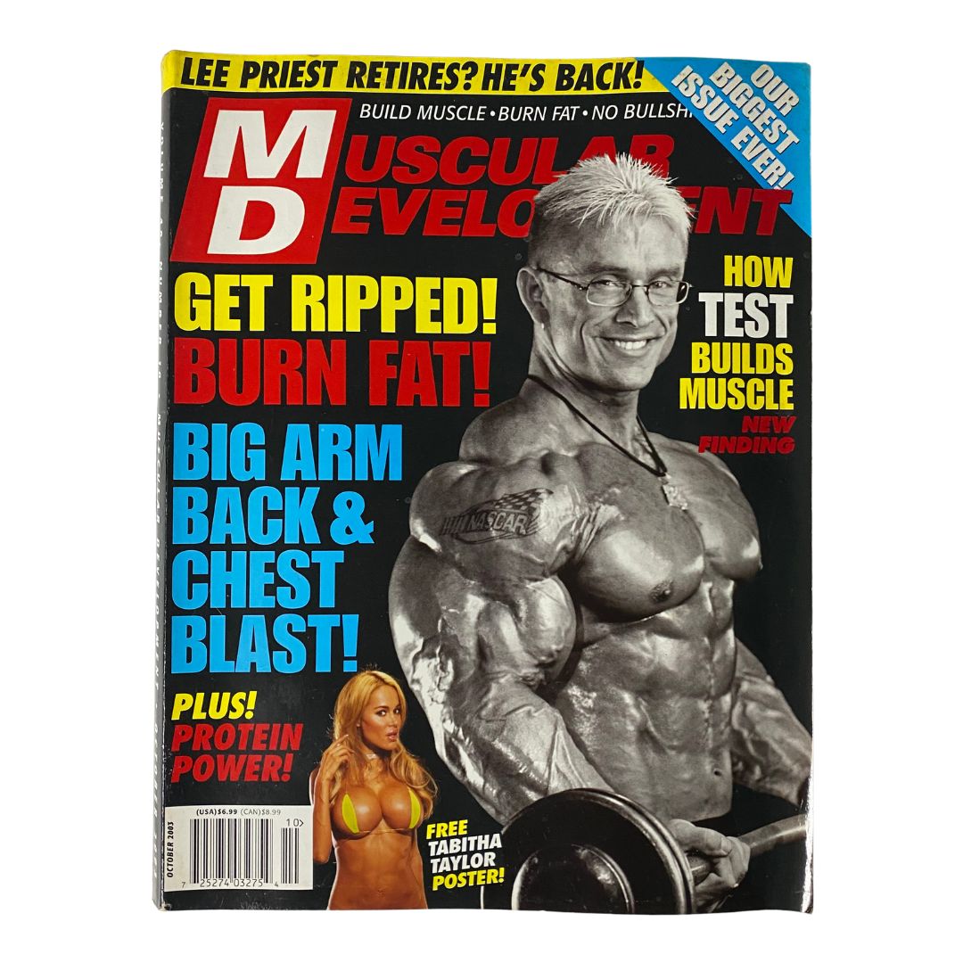 Cover of Muscular Development Magazine October 2003 featuring a muscular man with the title 'Get Ripped! Burn Fat!' and a feature on Tabitha Taylor.