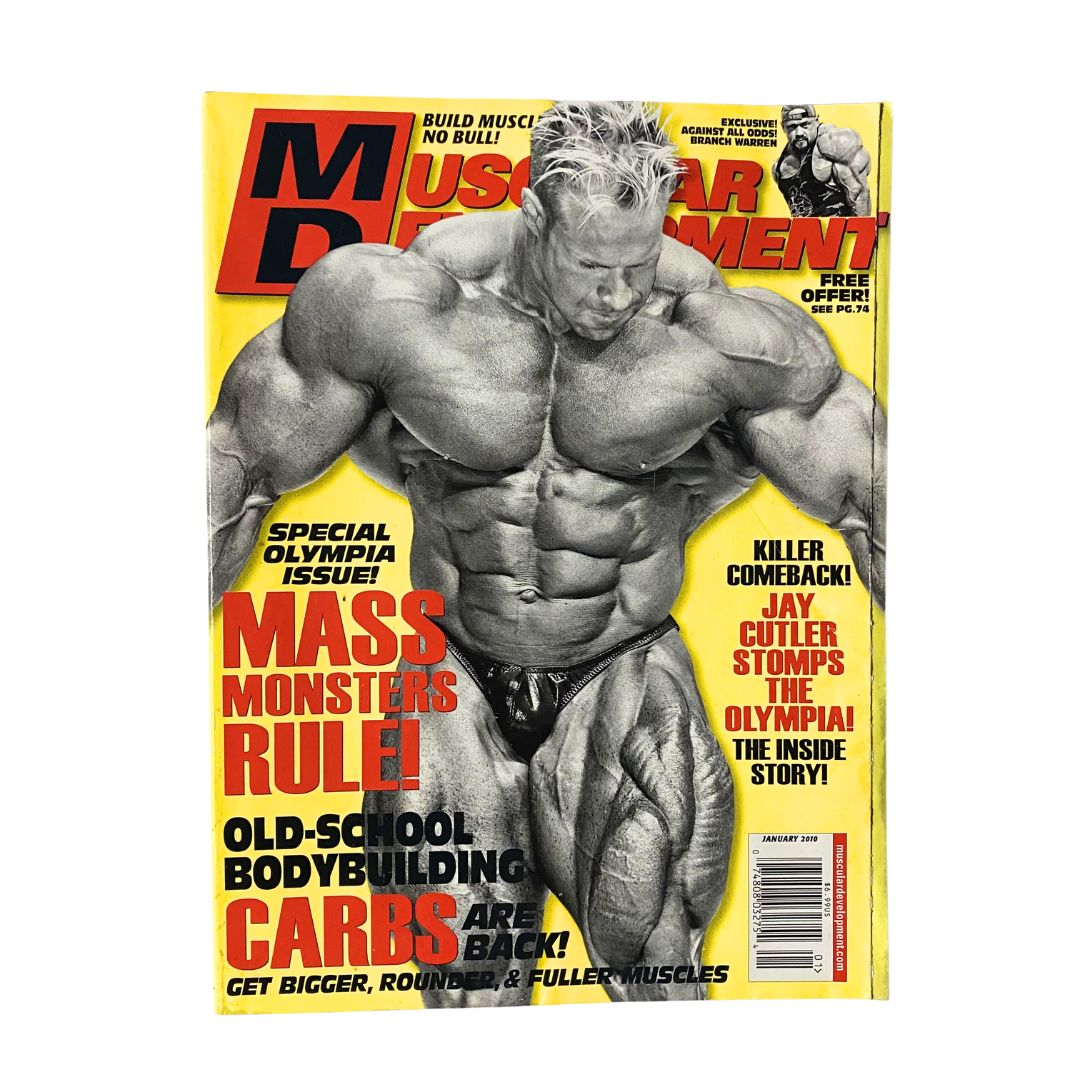 Muscular Development Magazine January 2010 featuring Jay Cutler on the cover, showcasing a well-defined bodybuilder in a competitive pose. This vintage issue is a collector's item, perfect for fans of bodybuilding and fitness culture.