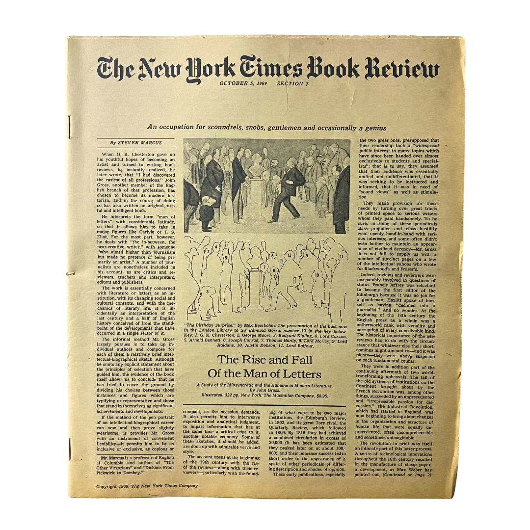 Cover image of The New York Times Book Review from October 5, 1969, featuring the article 'The Birthday Surprise' with illustrations and literary commentary.