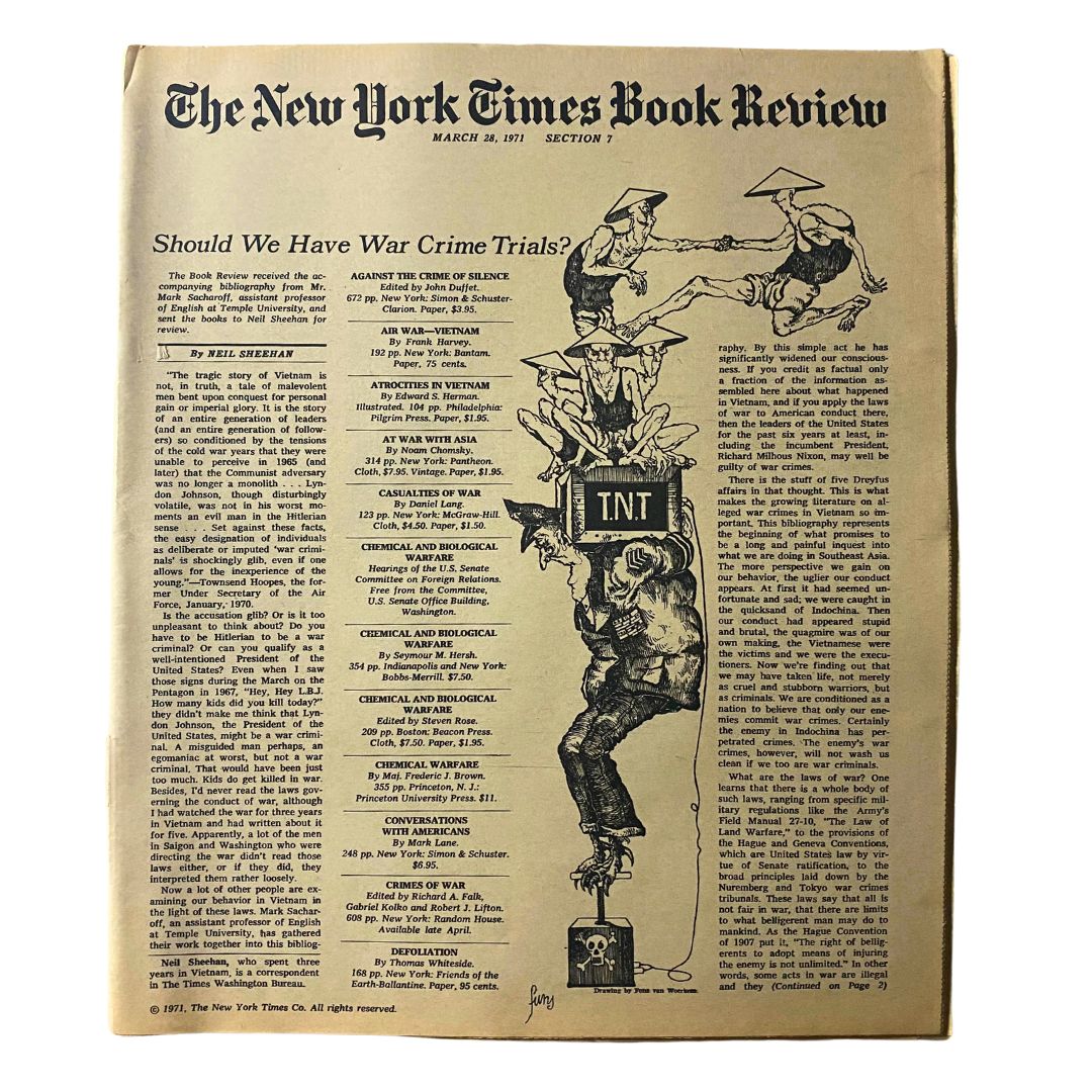 The New York Times Book Review March 28 1971 featuring the headline 'Should We Have War Crime Trials?' and illustrations addressing key issues from the era.