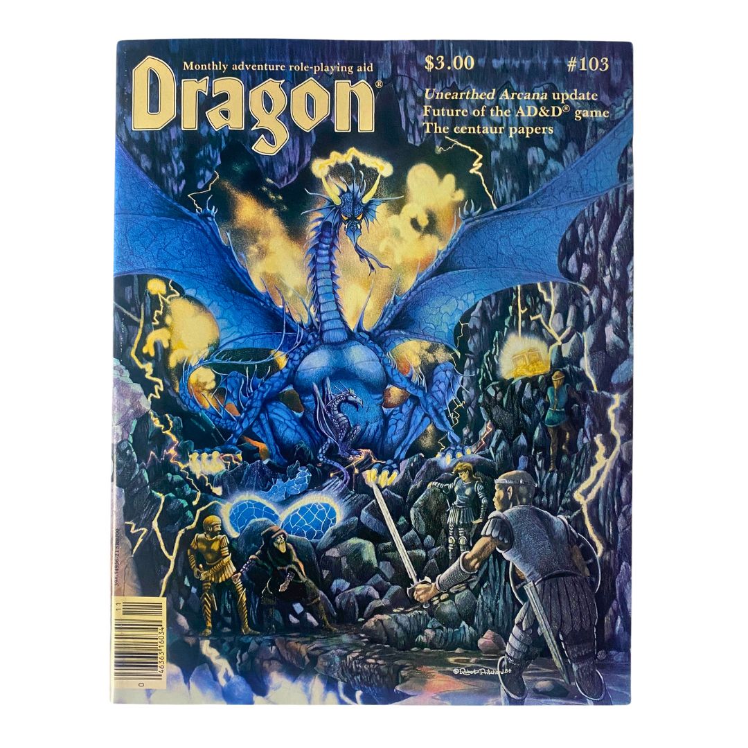 Cover of Dragon Magazine November 1985 Issue #103 featuring the title 'Birth of The Blues' and a dramatic illustration of a blue dragon.