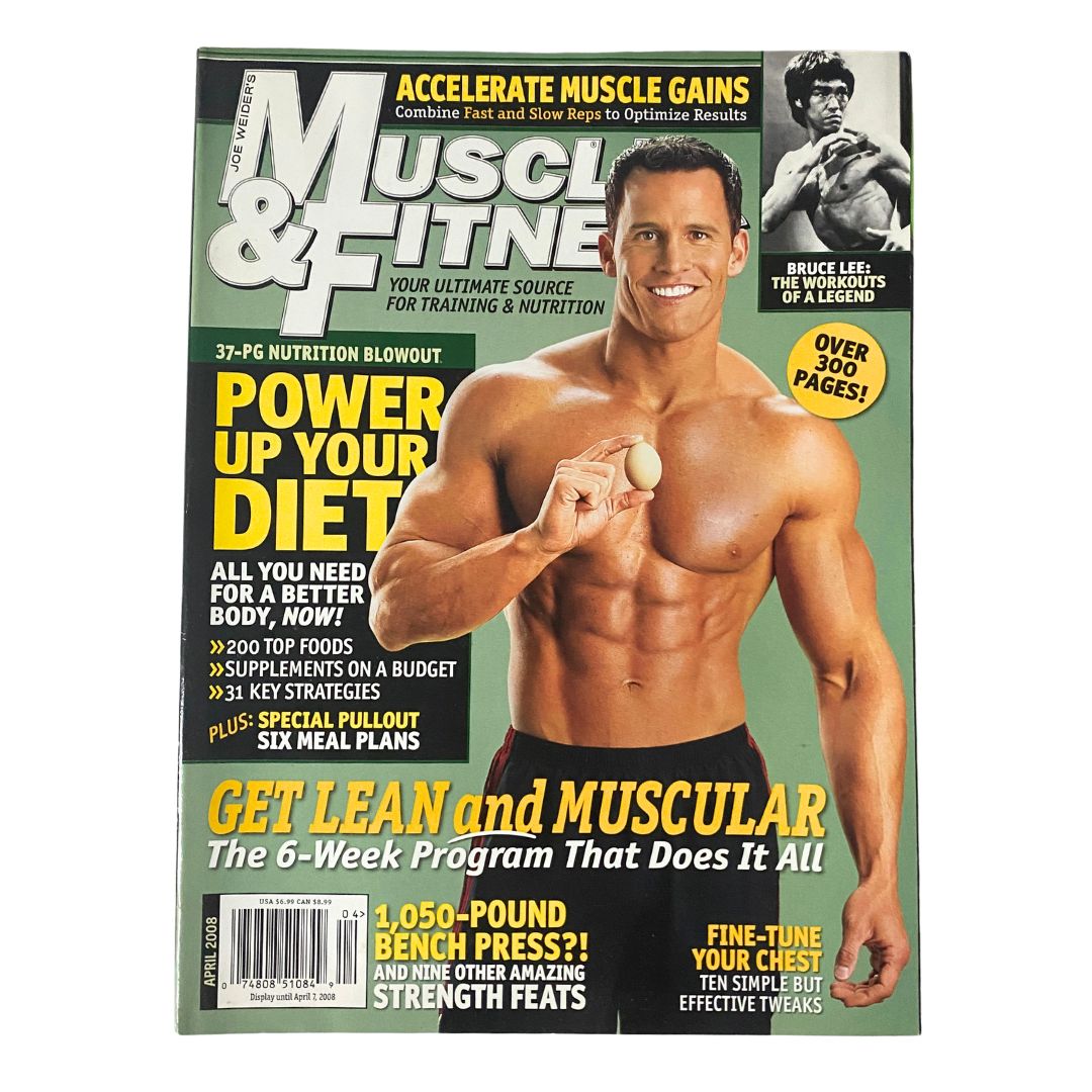 Cover of Muscle & Fitness Magazine April 2008 featuring Brian Wiefering. The cover highlights fitness tips with the tagline 'Power Up Your Diet' and features a six-week program for muscle gain, including insights inspired by Bruce Lee.