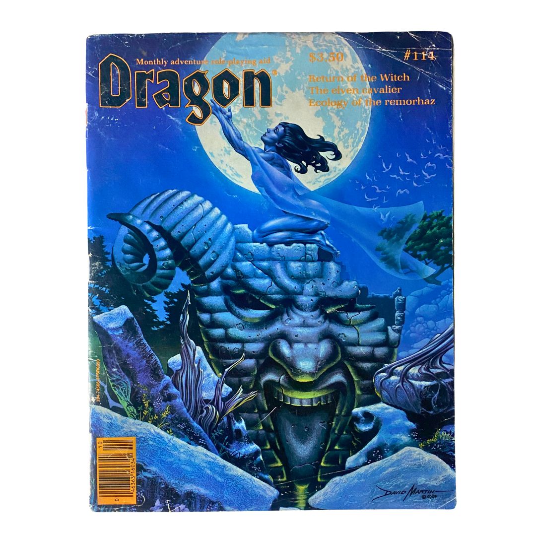 Cover of Dragon Magazine October 1986 #114 featuring 'Return of The Witch', showcasing a mystical scene with a figure in a flowing gown, the moon, and a fantastical stone structure.