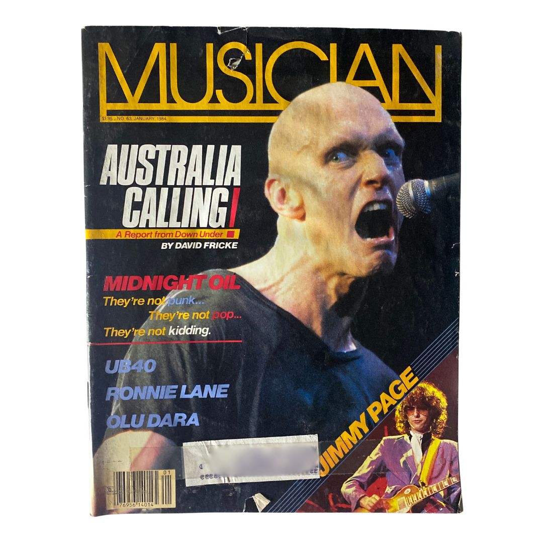 Cover of VTG Musician Magazine January 1984 No. 63 featuring the title 'Australia Calling' by David Fricke. The cover showcases a performance image and mentions artists like Midnight Oil and Jimmy Page.