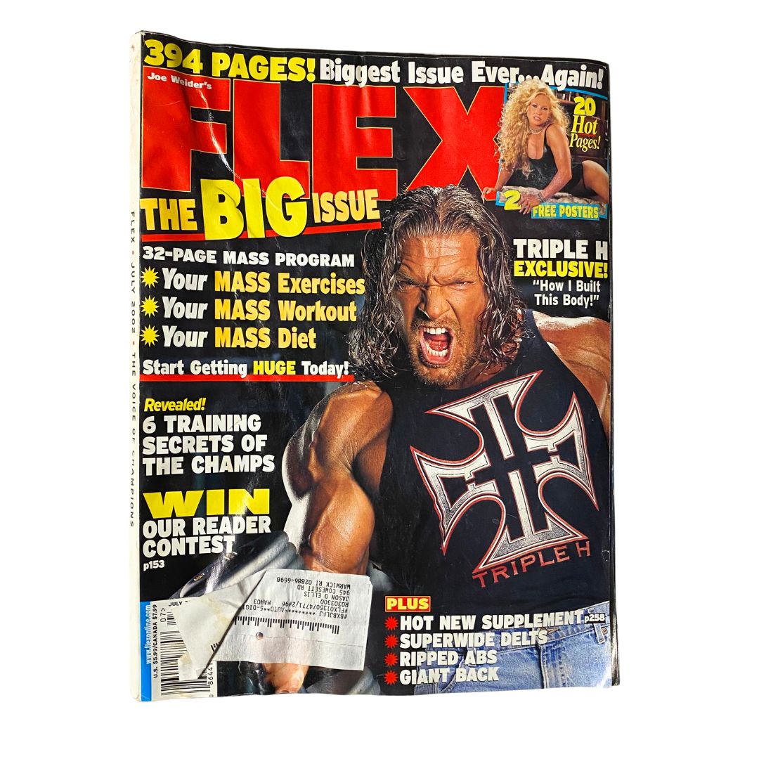 Joe Weider's Flex Magazine July 2002 featuring Triple H on the cover. Highlights the magazine's focus on wrestling and bodybuilding with vibrant colors and engaging graphics.