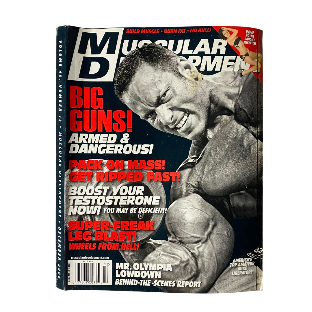 Cover of Muscular Development Magazine December 2008 featuring Shaun Clarida, showcasing fitness and bodybuilding themes with bold headlines about muscle development and testosterone boosting.