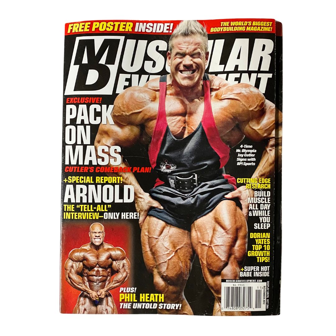 Cover of Muscular Development Magazine November 2012 featuring Jay Cutler, a renowned bodybuilder, promoting mass-building, with an announcement of a free poster inside.