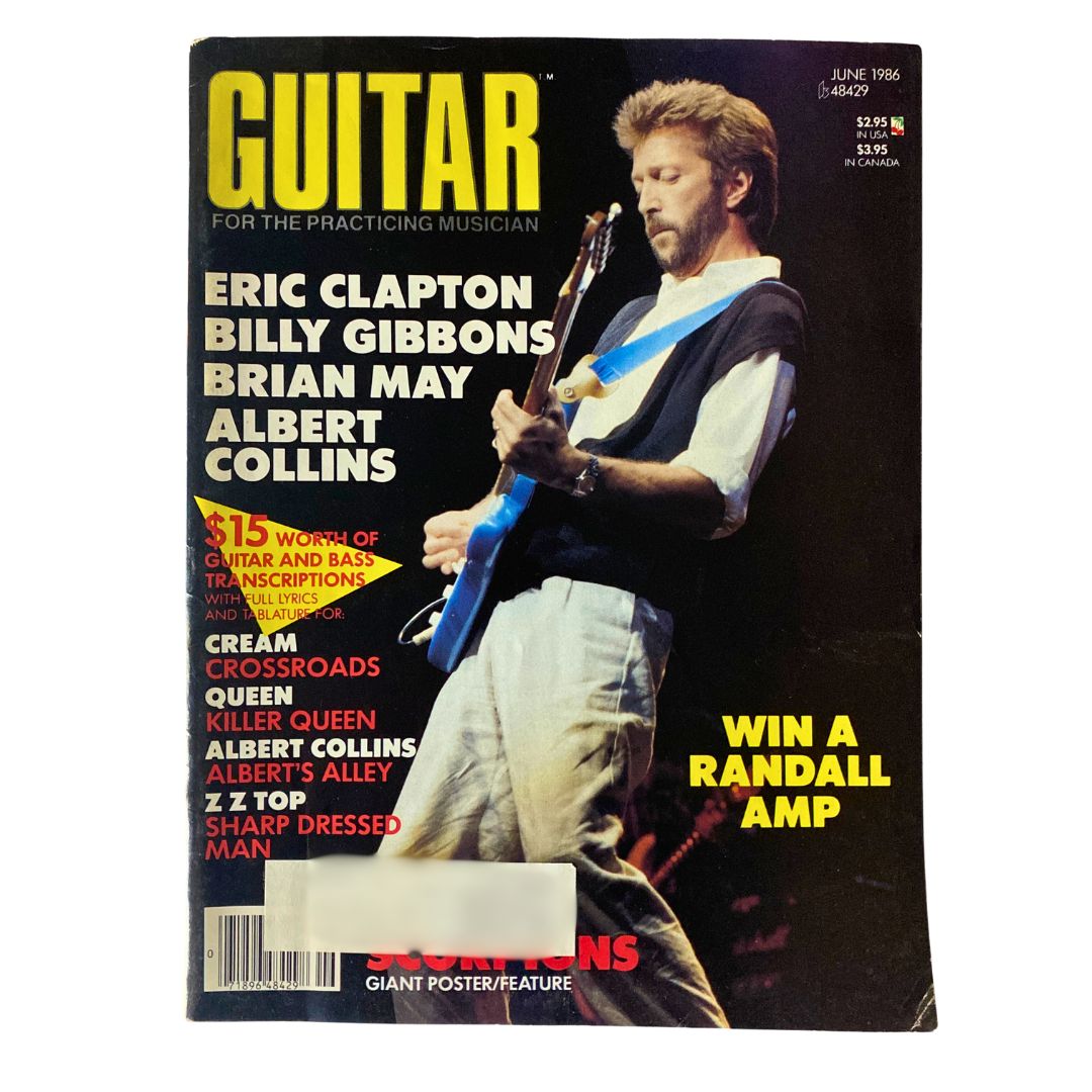 VTG Guitar Magazine June 1986 featuring Eric Clapton, Billy Gibbons, and Brian May on the cover with a promotional poster offer.
