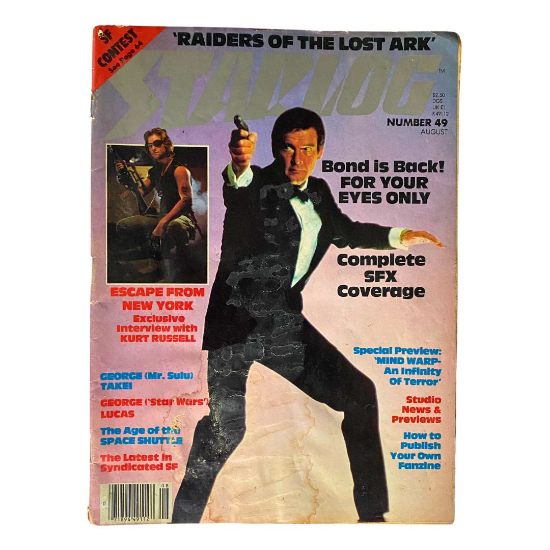 Cover of VTG Star Log Magazine of the Future, August 1981, featuring Roger Moore with a gun, highlighting sci-fi articles and films. Vintage collectible for science fiction fans.