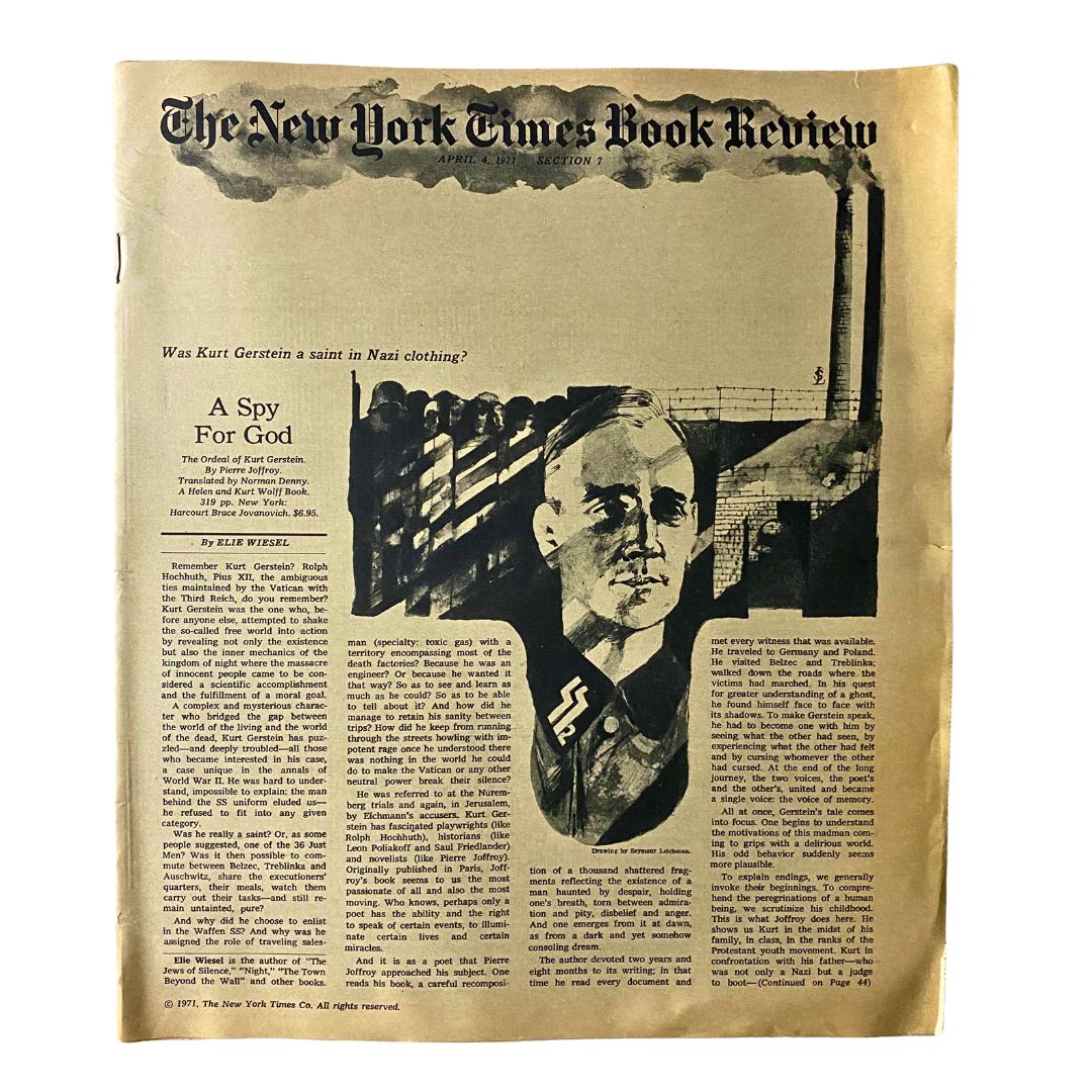 The New York Times Book Review April 4 1971 featuring the article 'A Spy for God' by Elie Wiesel, showcasing a vintage design with illustrations and historical context.