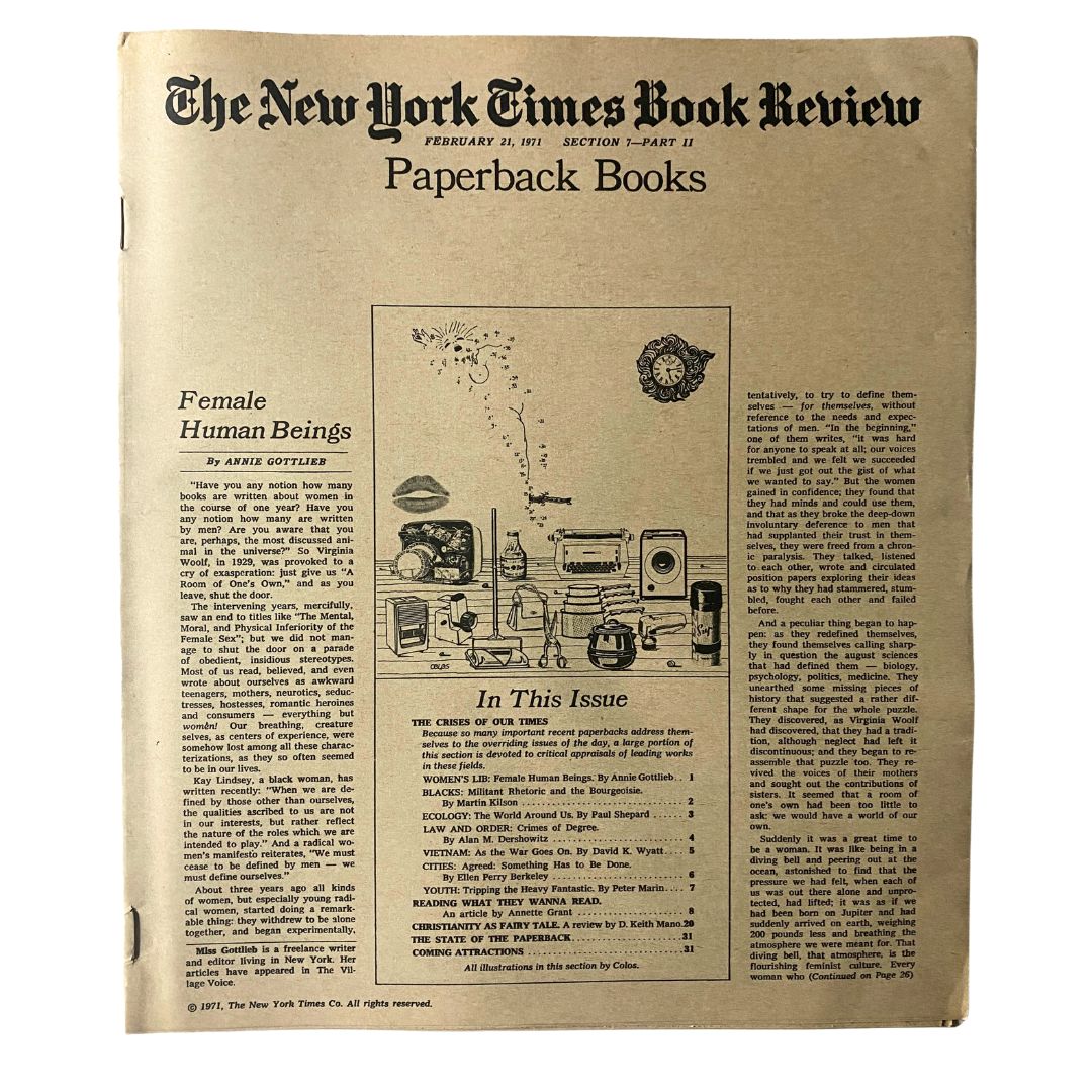 The New York Times Book Review February 21 1971 cover featuring the article 'Female Human Beings' by Annie Gottlieb, showcasing the publication's vintage design and historical content.