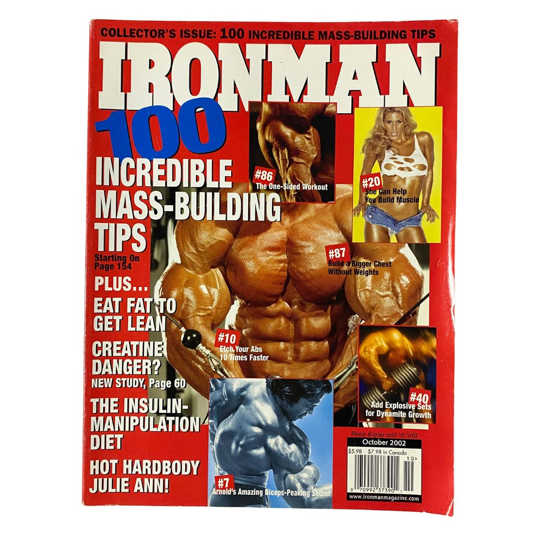 Iron Man Magazine October 2002 Vol 61 No. 10 featuring Arnold Schwarzenegger on the cover, showcasing bodybuilding tips and fitness insights, perfect for collectors and enthusiasts of vintage fitness literature.