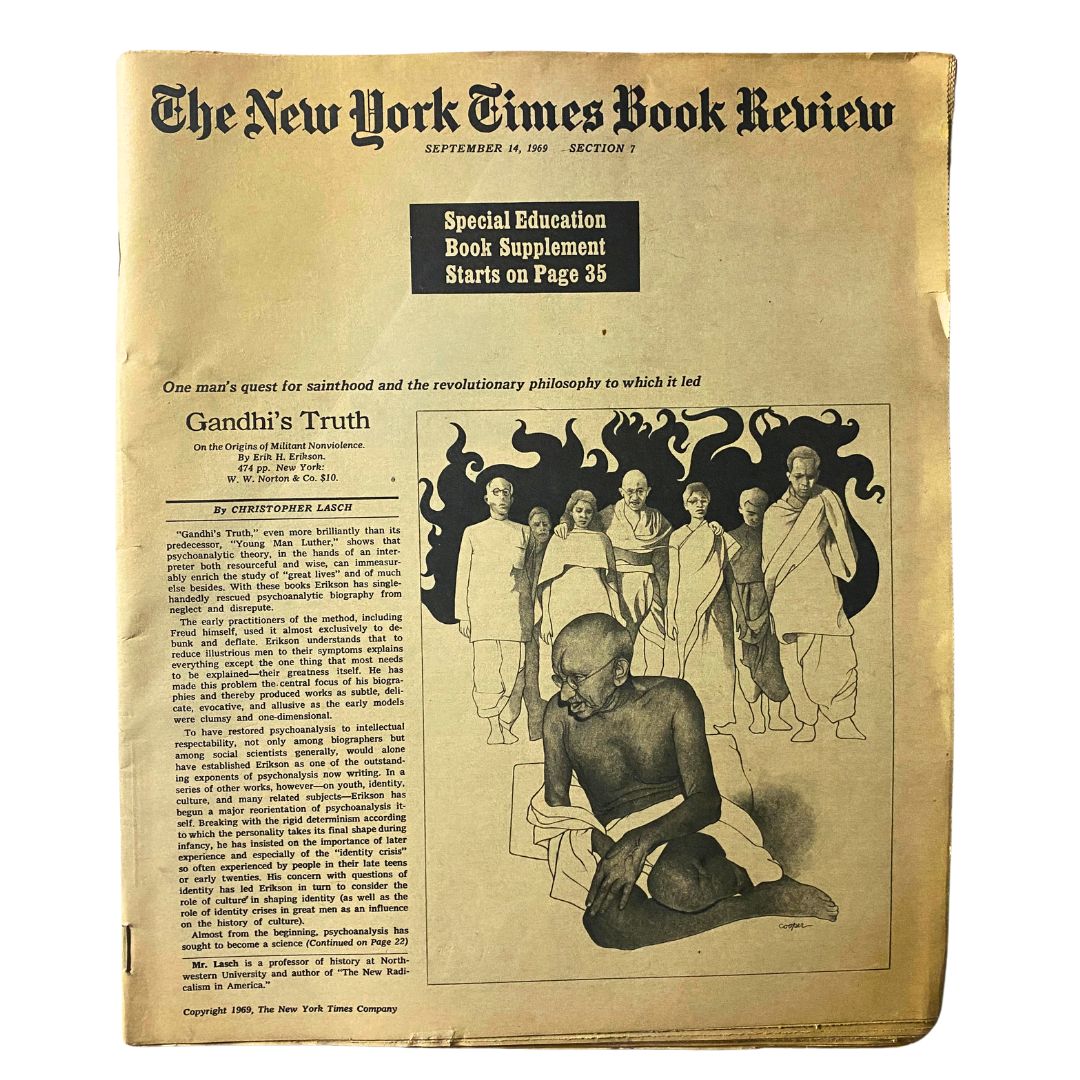 The New York Times Book Review September 14, 1969 featuring an article titled 'Gandhi's Truth' with illustrations of Mahatma Gandhi and accompanying figures.