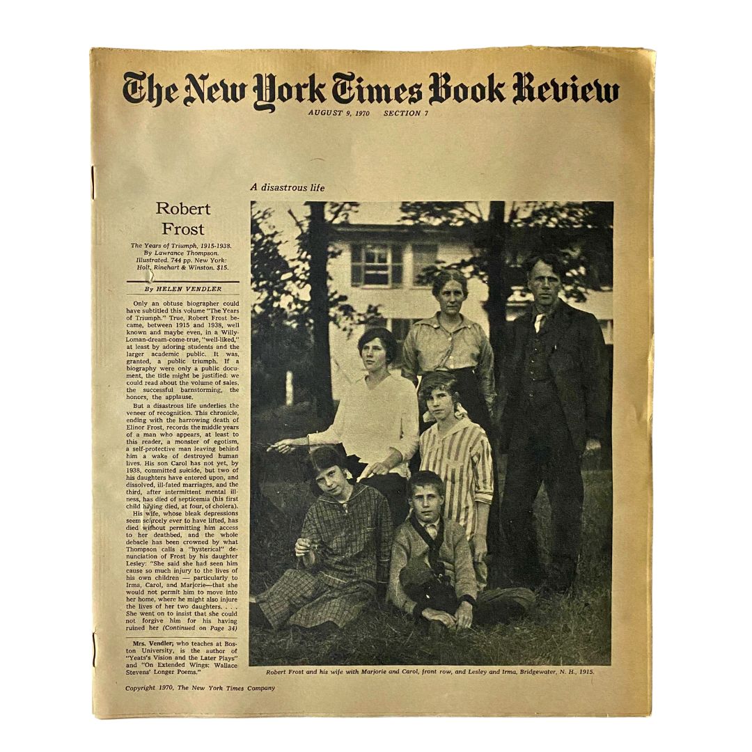 The New York Times Book Review August 9 1970 featuring Robert Frost and his family on the cover. This vintage publication presents literary insights and reflections from the 1970s.