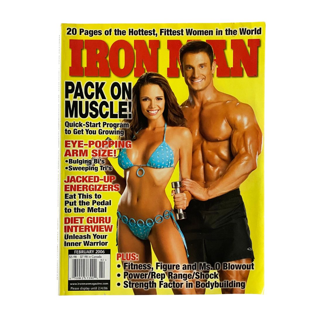 Cover of Iron Man Magazine February 2006 featuring a fit couple with a focus on fitness and bodybuilding, highlighting content about arm size and nutrition.