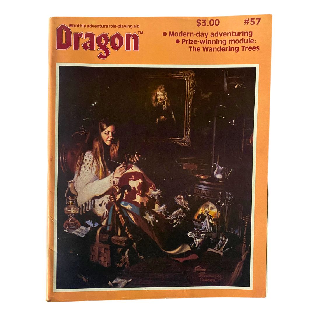Cover of Dragon Magazine January 1982 Issue #57 featuring the title 'The Wandering Trees' with a woman engaging in adventure-themed activities and illustrations.