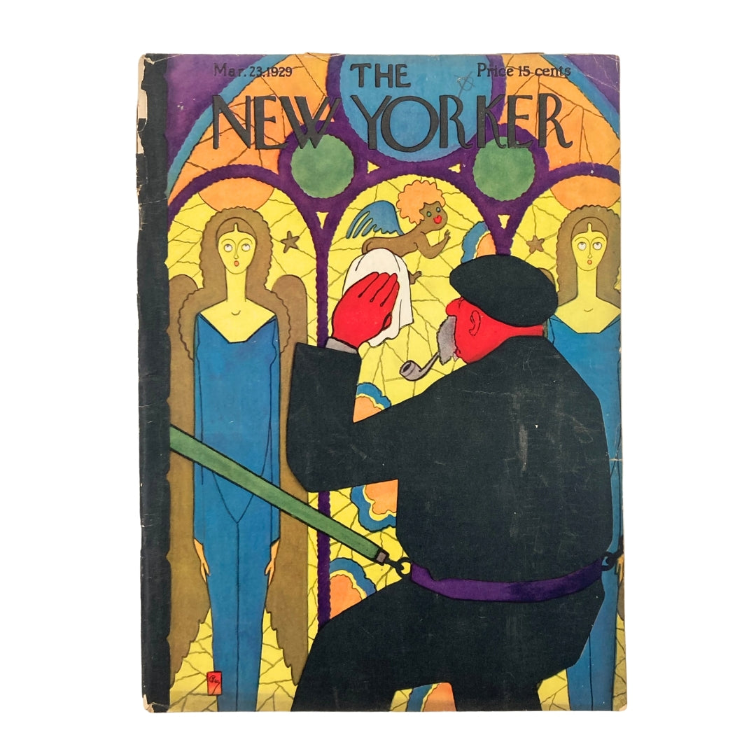 The New Yorker Magazine March 23 1929 Man Cleaning Stained Glass by Gardner Rea