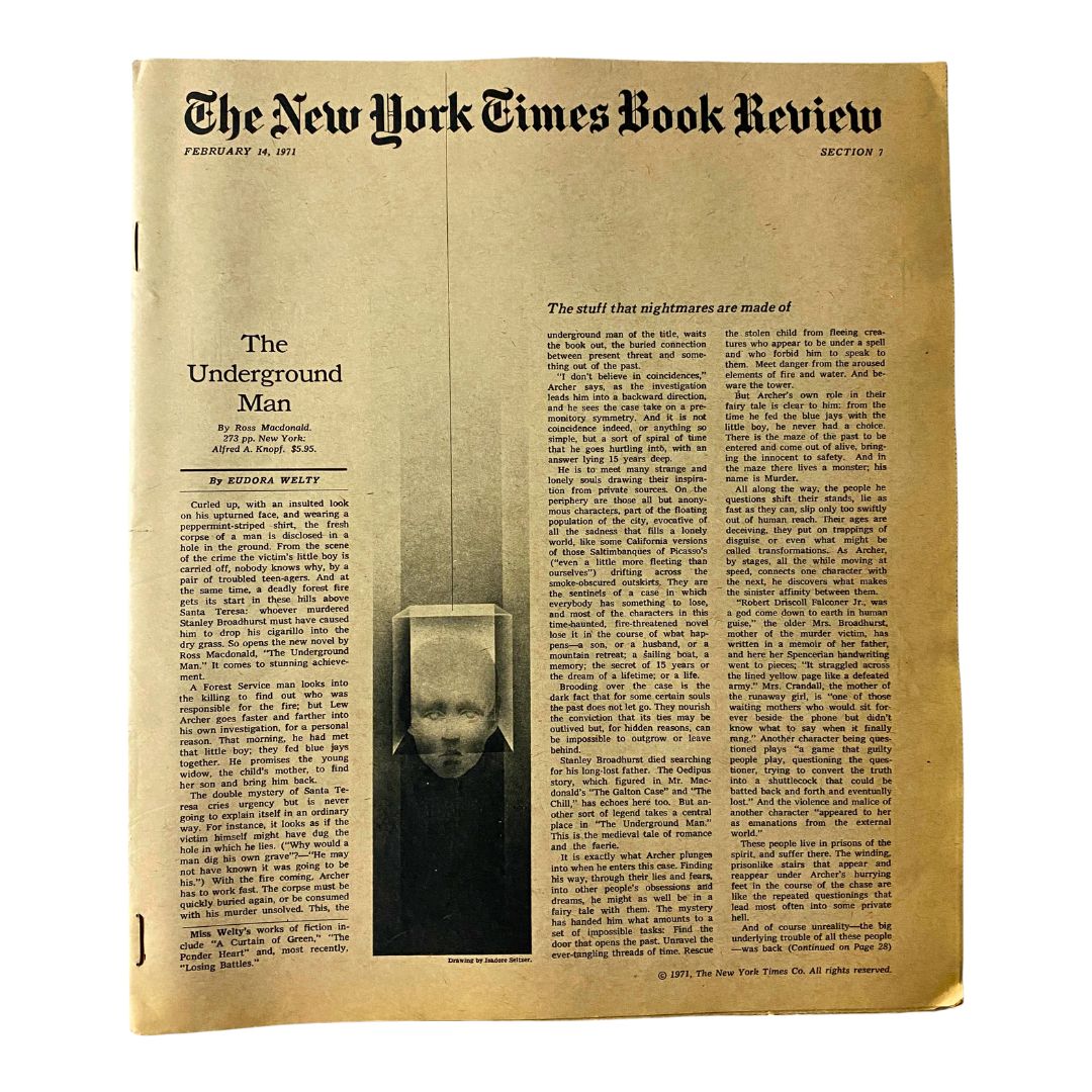 The New York Times Book Review February 14 1971 edition featuring an article titled 'The Underground Man'. This vintage literature review showcases a unique artistic layout and is in very good condition.