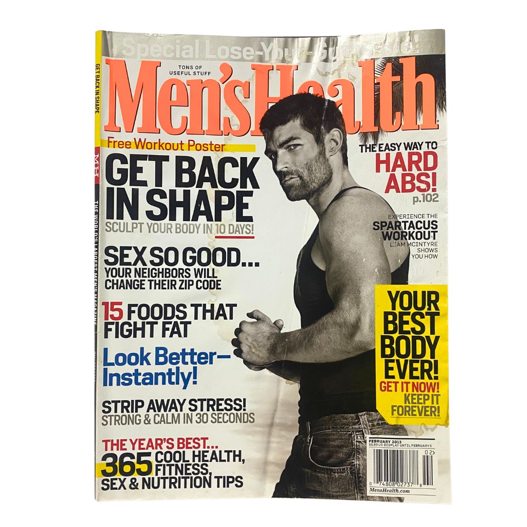 Men's Health Magazine February 2013 cover featuring actor Liam McIntyre with the headline on fitness tips and health articles.