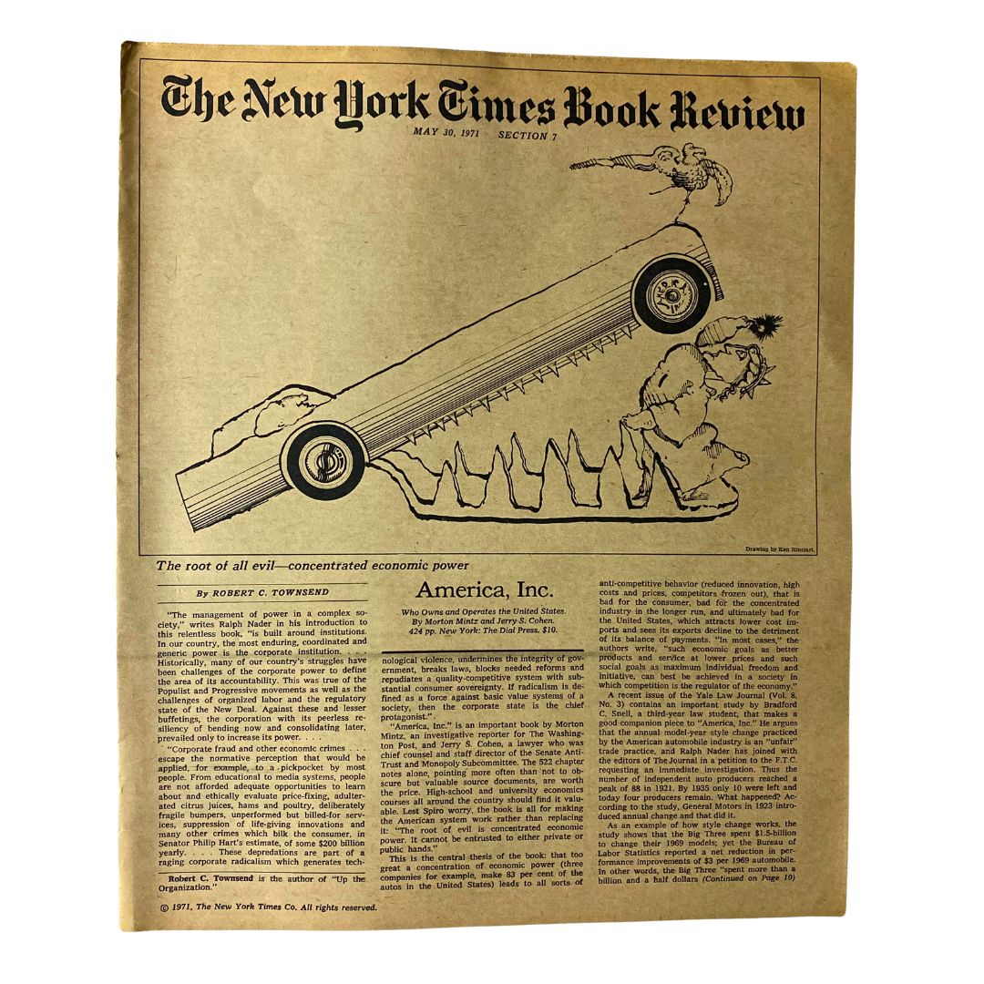 The New York Times Book Review May 30 1971 featuring the cover illustration for 'America Inc.' and discussing concentrated economic power.