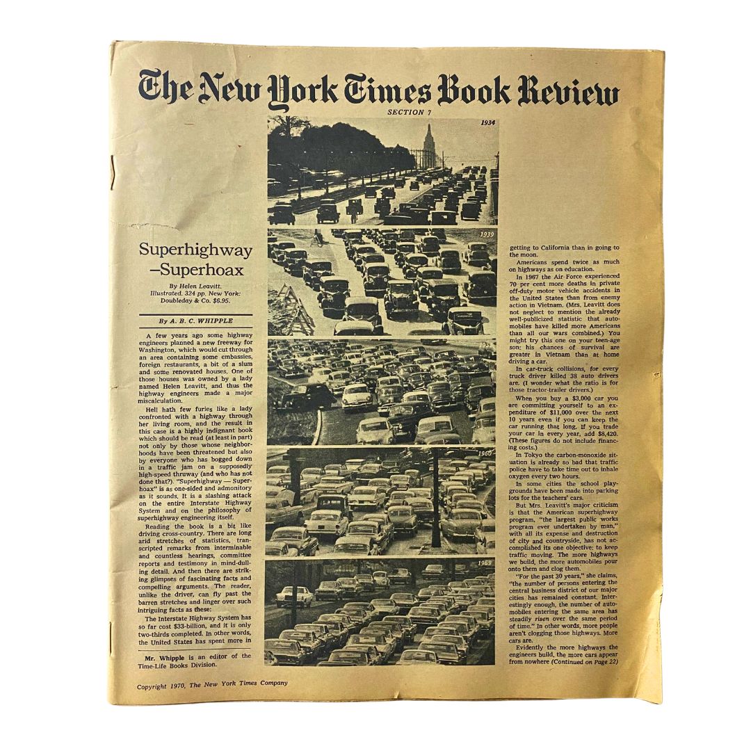 Cover of The New York Times Book Review 1970 Superhighway - Superhoax No Label showcasing a vintage article with traffic imagery and commentary on highway usage.