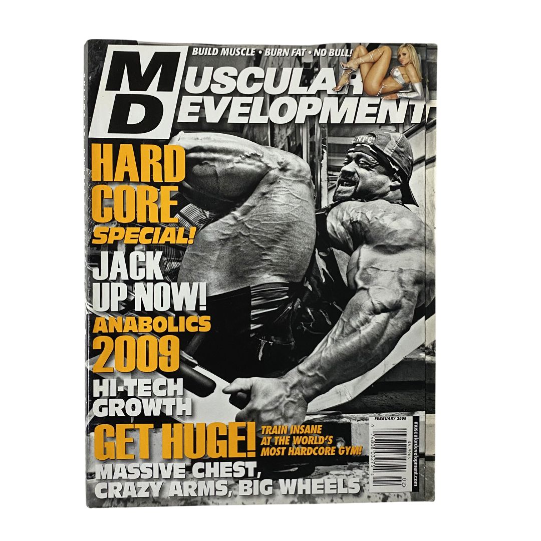 Muscular Development Magazine February 2009 featuring Branch Warren on the cover, highlighting topics such as bodybuilding, fitness culture, and training techniques.