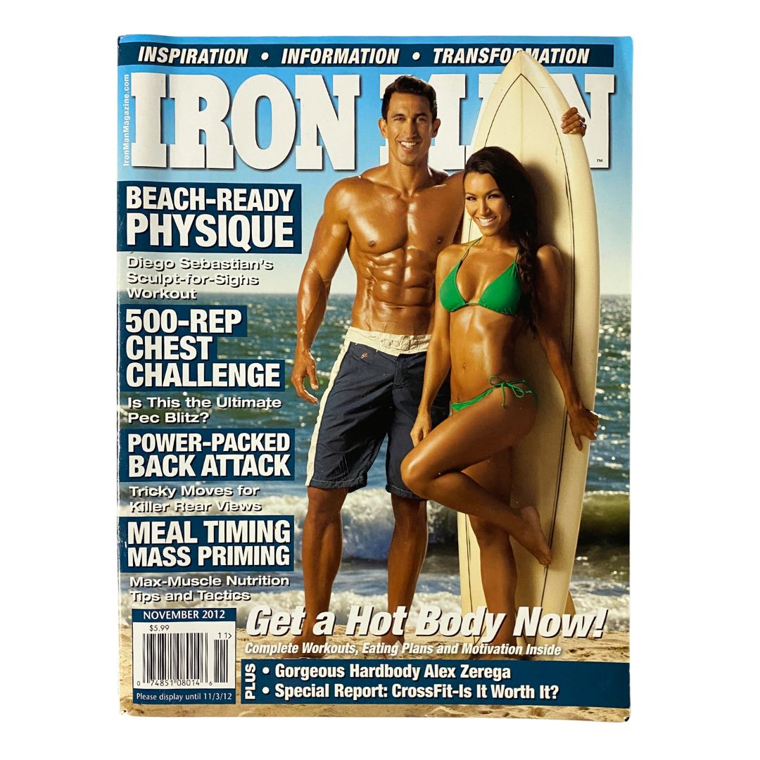 Iron Man Magazine November 2012 featuring fitness models, showcasing beach-ready physique, beach lifestyle, and motivational content.