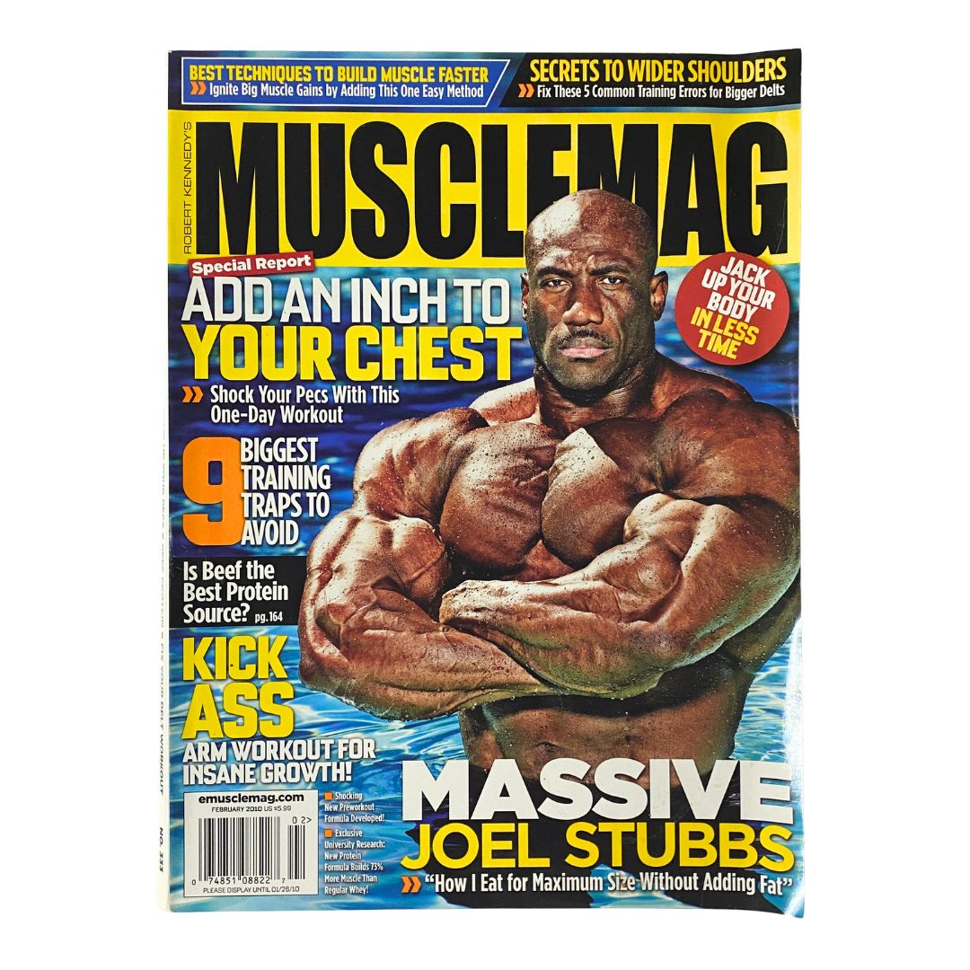 Cover image of MuscleMag Magazine February 2010 No. 333 featuring Massive Joel Stubbs, showcasing bodybuilding tips and techniques.