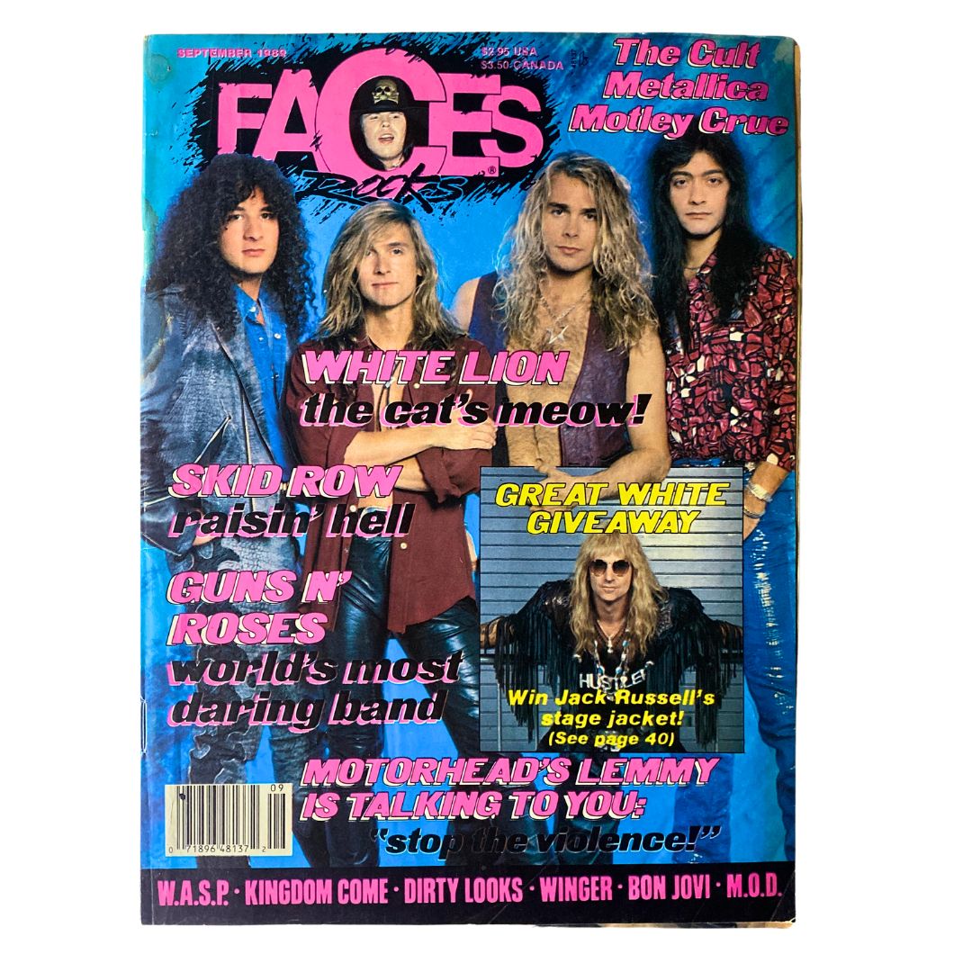 Front cover of the VTG Faces Rocks Magazine September 1989 featuring White Lion, with headlines about popular bands like Skid Row and Guns N' Roses.