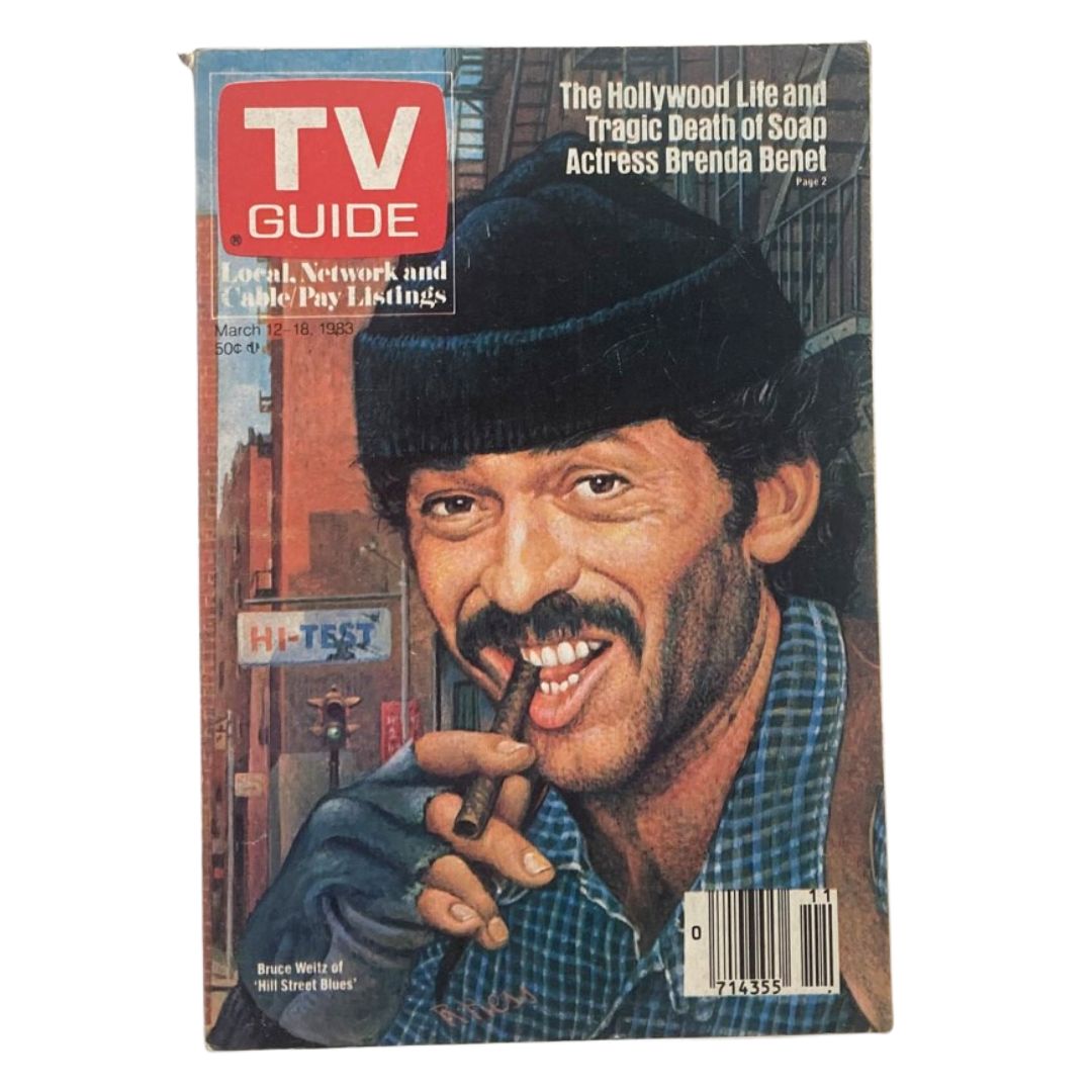 TV Guide Magazine from March 12, 1983 featuring Bruce Weltz of Hill Street Blues. The cover displays a colorful illustration of the actor smiling with a cigar, capturing the essence of early 80s television culture.