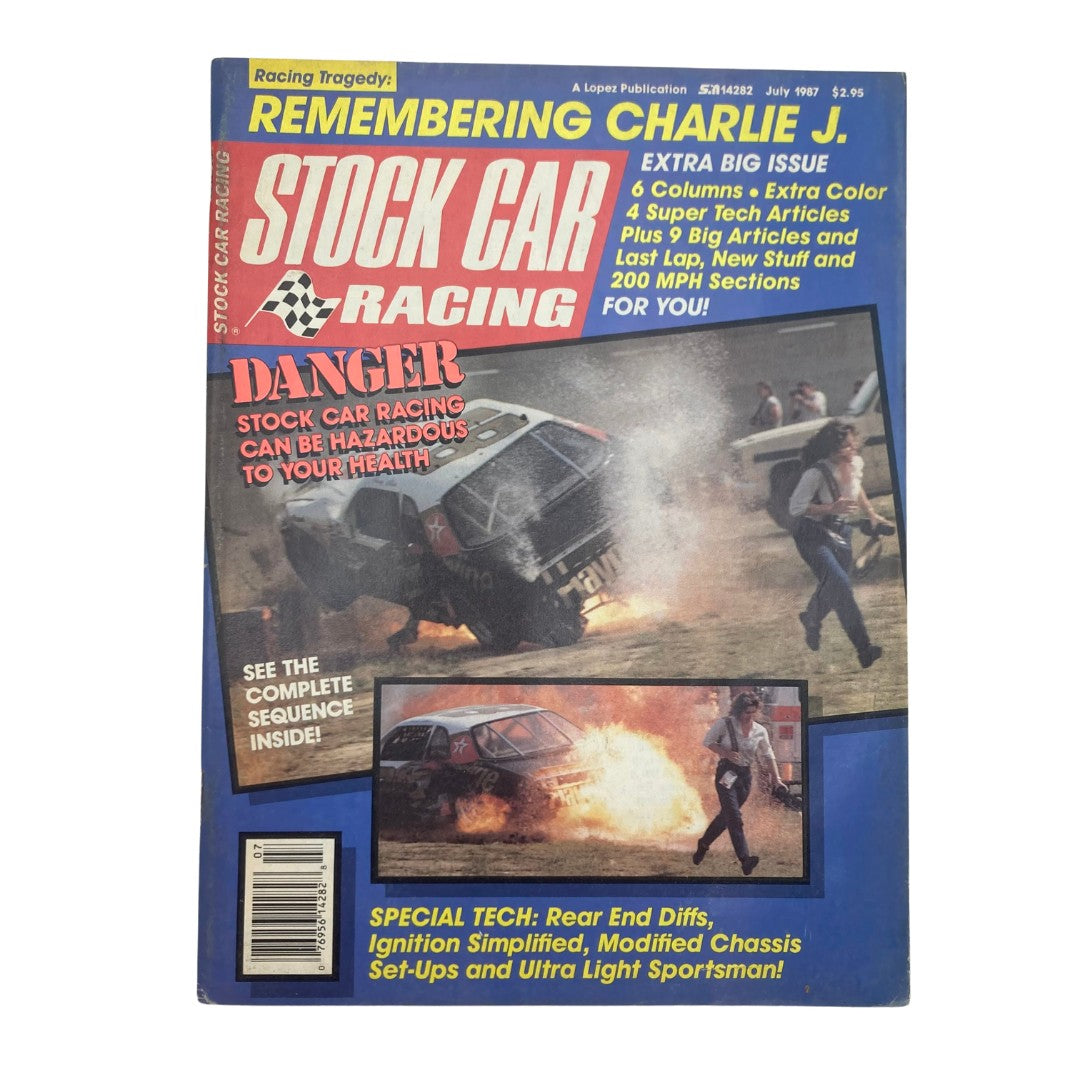 Cover of VTG Stock Car Racing Magazine July 1987 featuring a tribute to Charlie J. The cover displays the headline 'Remembering Charlie J.' along with an image of a racing incident, emphasizing the theme of danger in stock car racing. The magazine offers insights into racing with articles and interviews, making it a valuable collectible for motorsport enthusiasts.