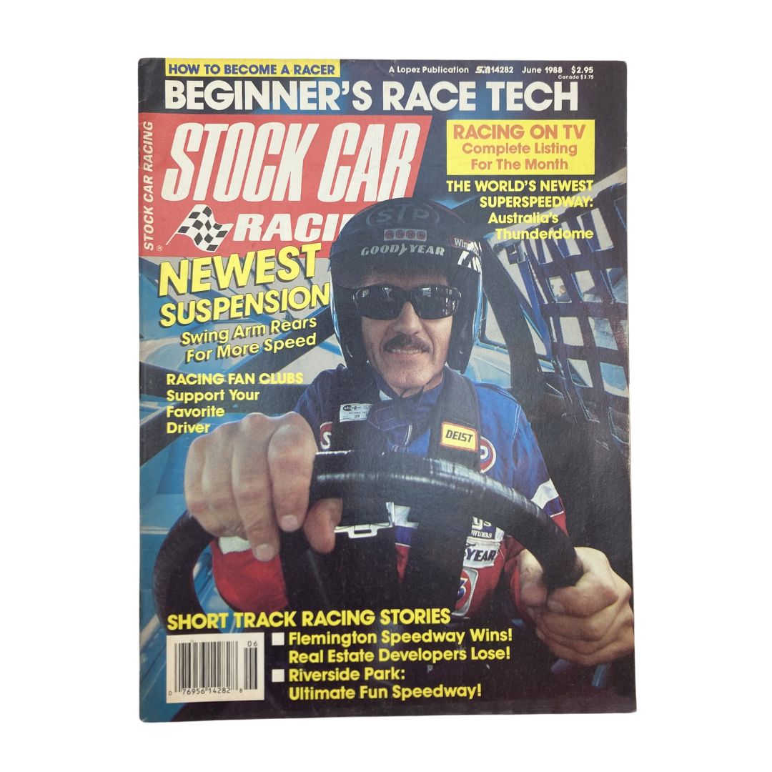 VTG Stock Car Racing Magazine June 1988 showcasing Australia's Thunderdome with a racer gripping the steering wheel and wearing sunglasses. Features articles, insights, and stories from the thrilling world of stock car racing.